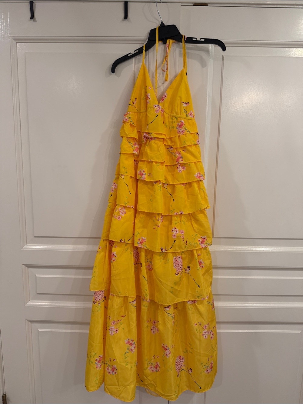 Buddy Love Yellow Floral Halter Tiered Ruffle Maxi Dress